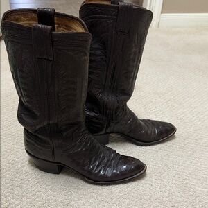 Elegant Dark Brown Ostrich Boot with Calf Skin Topped Heeled Boots ML Leddy’s